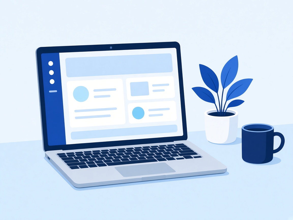 A laptop on a desk, showing a simple website layout, next to a plant and a mug
