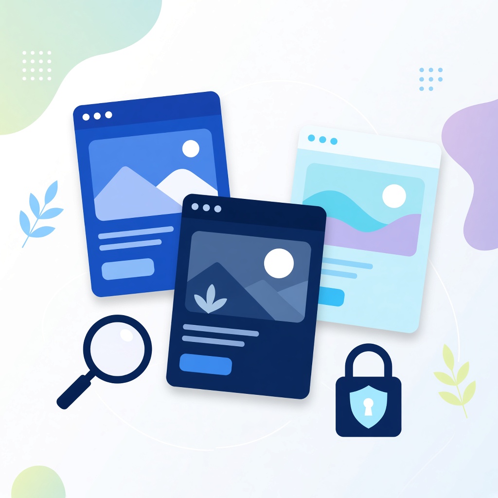 Website pages with a magnifying glass and a padlock, for search and a private connection